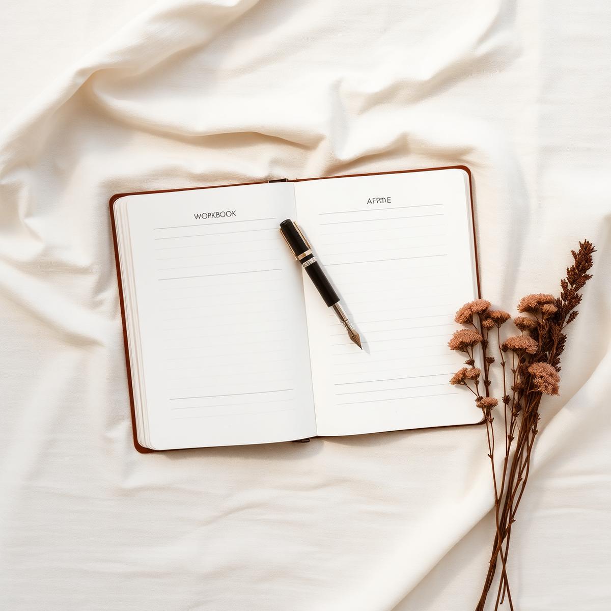 Open workbook with a fountain pen on cream linen