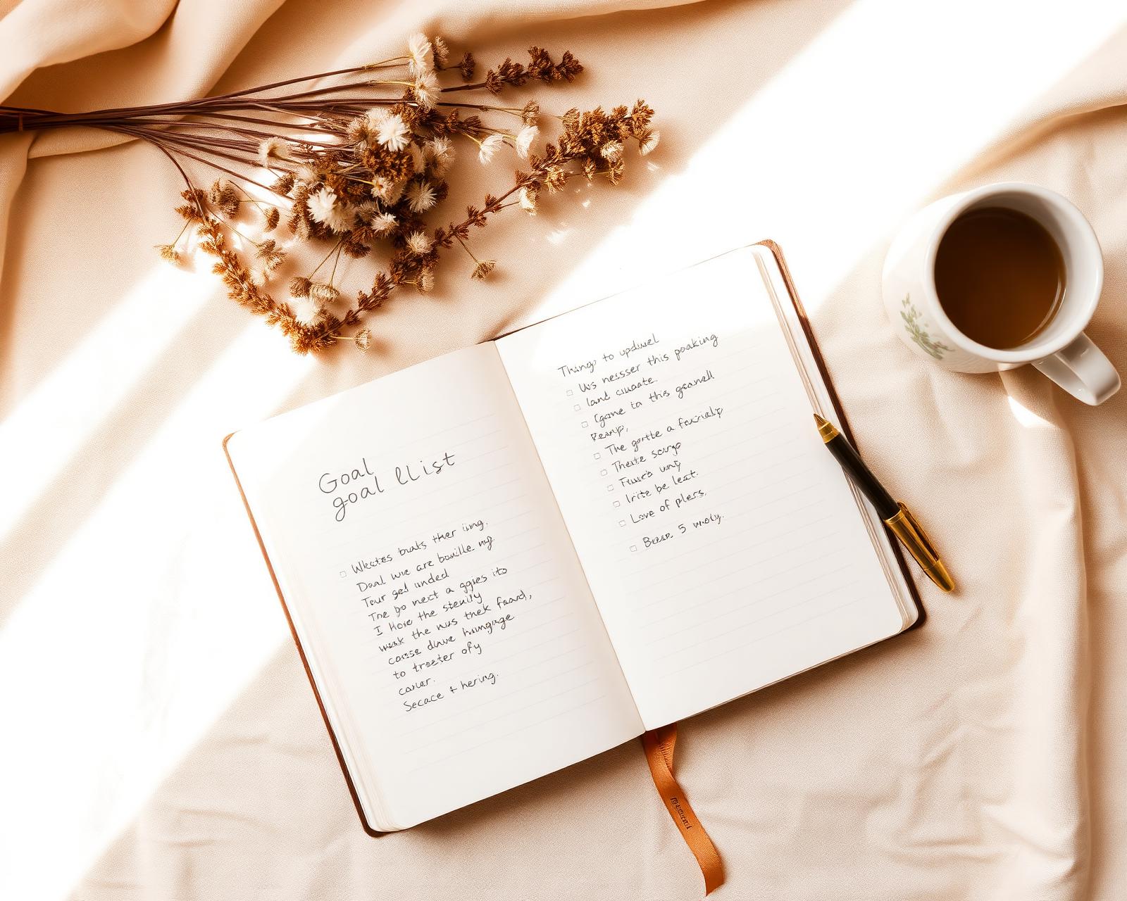 An open notebook with handwritten goals beside dried flowers and a coffee cup